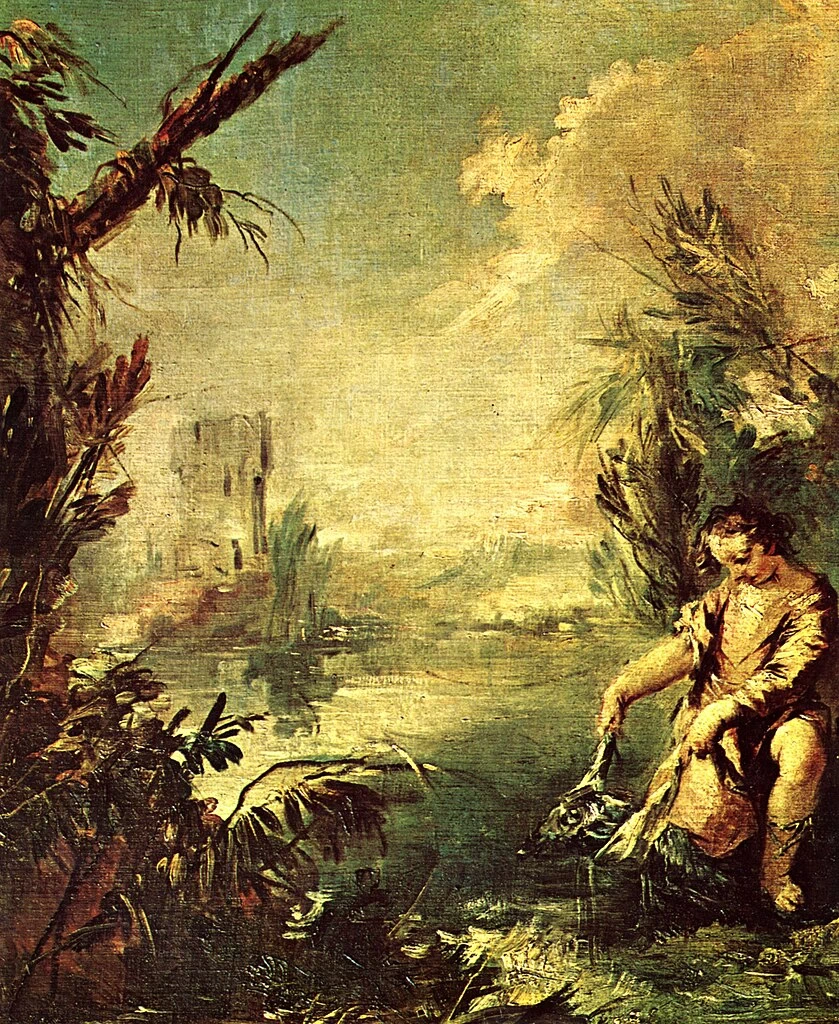 Storie di Tobia. Tobia pesca con l'arcangelo Raffaele - Chiesa dell'Angelo Raffaele, Venezia, dettaglio